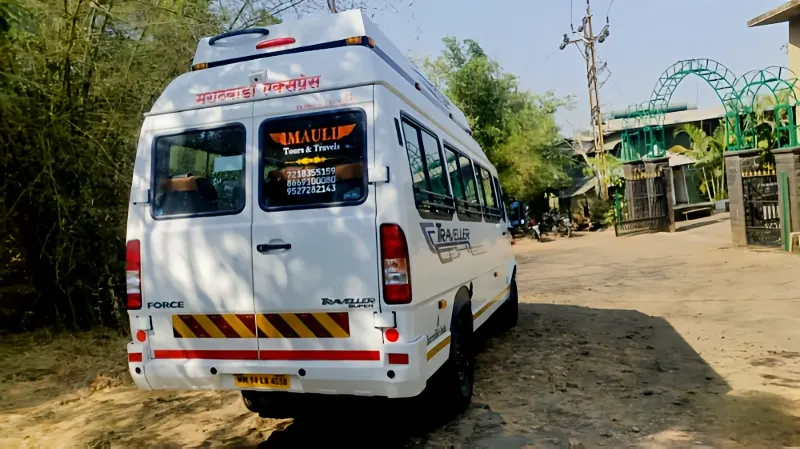 Force Tempo Traveller 17-seater rear view, luggage space visible
