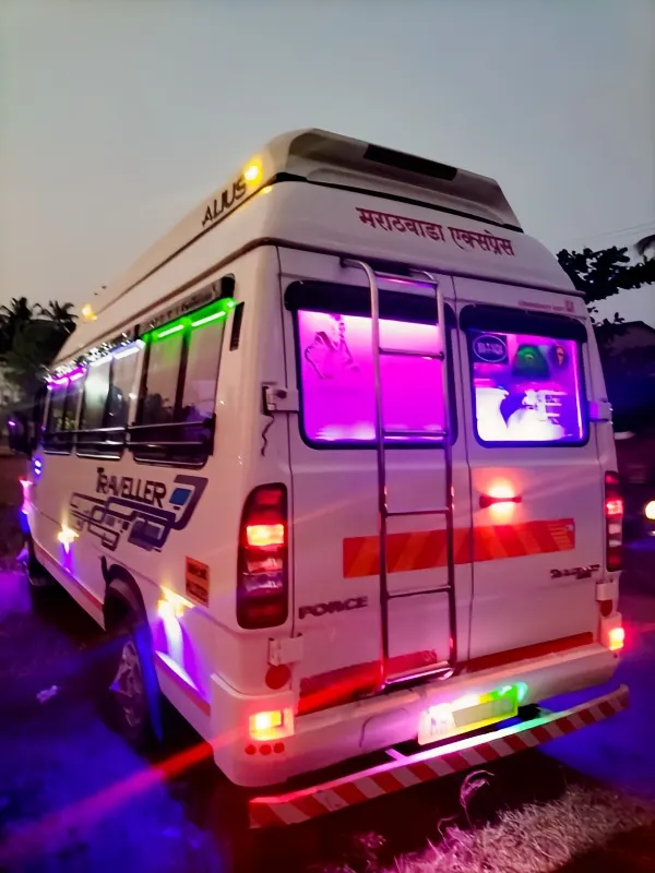 Rear view of Force Tempo Traveller 17-seater non-AC model